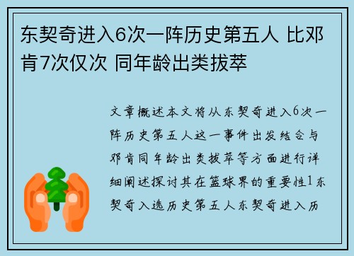 东契奇进入6次一阵历史第五人 比邓肯7次仅次 同年龄出类拔萃